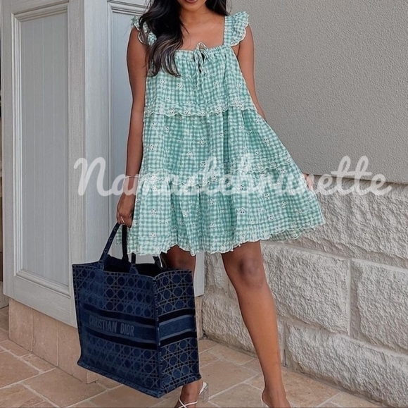**SOLD***🌻NWOT🌻 Just Me Medium Flowy Green Gingham Embroidered Babydoll Mini - Picture 13 of 17